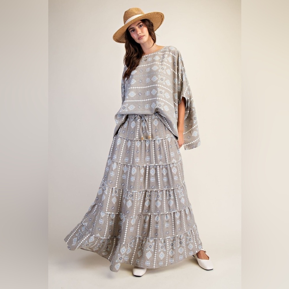 Easel Gray Aztec Print Top and Maxi Skirt Set